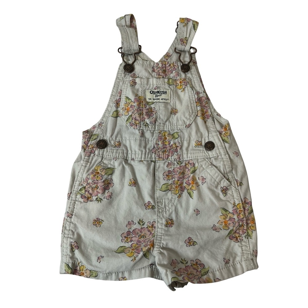 OshKosh Bgosh Girls 12M Floral Shortalls Grey Pink Yellow Cotton Overalls